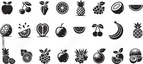 Fruits icon silhouette vector set illustration. Healthy fresh organic nutrition