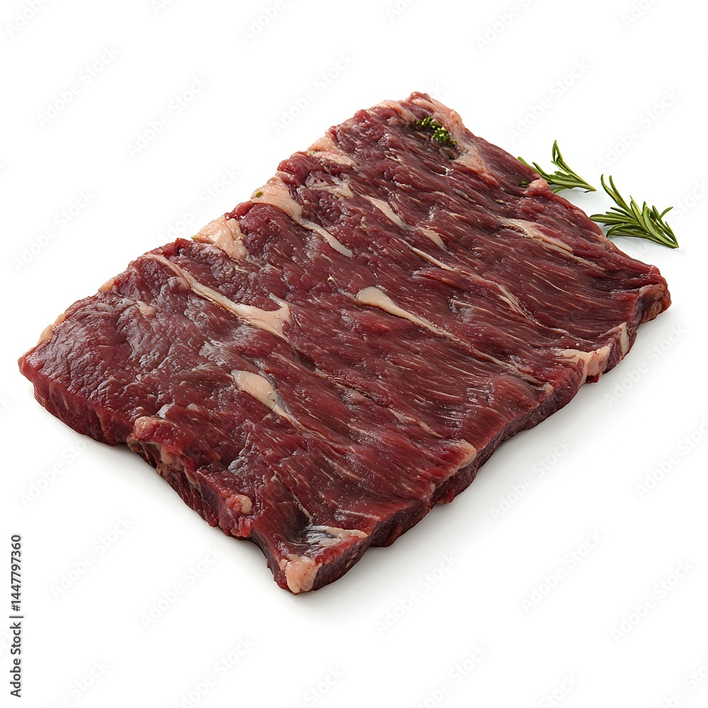 A raw, marbled flank steak, ready for grilling or cooking, sits on a pristine white background with fresh rosemary. A raw, marbled flank steak, ready for grilling or cooking, sits on a pristine white background with fresh rosemary.