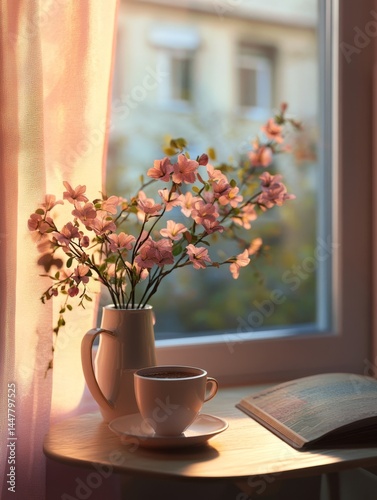 A vase of flowers sits on a table next to a cup of tea and a book. The scene is peaceful and calming, with the flowers adding a touch of natural beauty to the space