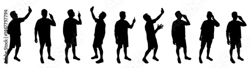 Set of silhouettes. Man with phone. Person taking selfie with smartphone and talking by mobile. Vector illustration.