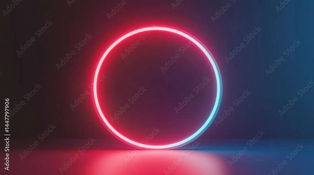 Obraz premium Empty neon circle illuminates a dark space.