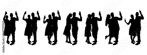 Man and woman make selfies on phone, set of silhouettes. Vector illustration.