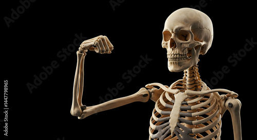 Detailed Skeletal Anatomy Showing Bone Structure with Arm Flexing on Dark Background