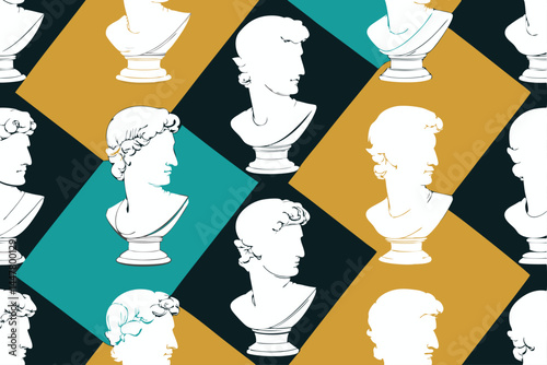 Create a seamless pattern featuring classical bust sculptures juxtaposed with minimalist modern geometric shapes, exhibiting a blend of historical and contemporary aesthetics.