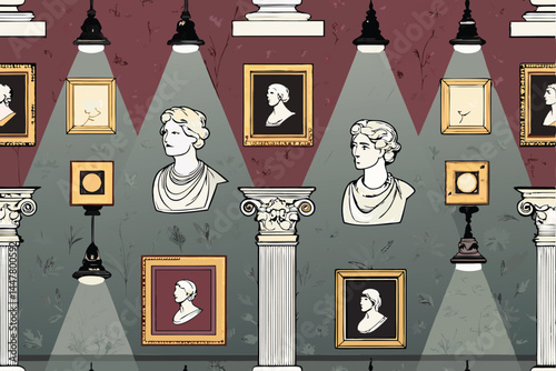 Create a seamless vector pattern featuring various museum artifacts, predominantly classical busts, for textile or wallpaper design.  Focus on intricate detail and a cohesive aesthetic.