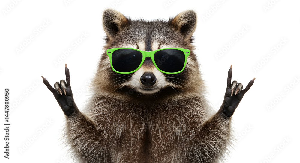 Fototapeta premium Funny Raccoon Wearing Green Sunglasses Making Rock Hand Sign on White Background