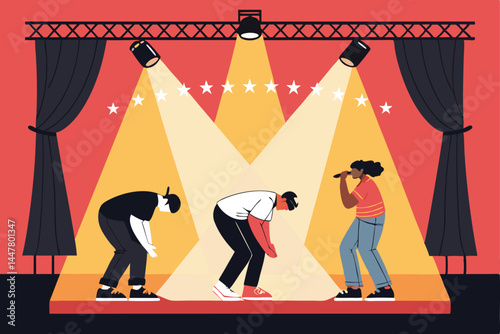 Create a vibrant vector illustration of actors bowing on stage after a bright, successful performance, emphasizing applause and joyful expressions.