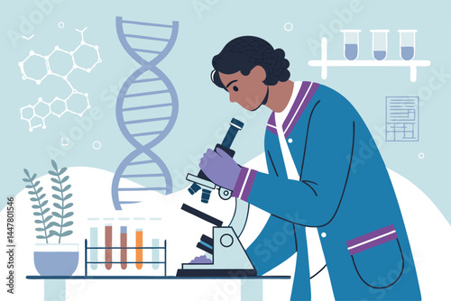 Create a stylish vector illustration of a medical researcher, confidently holding a microphone, ready to present research findings.  Focus on a clean, modern aesthetic.