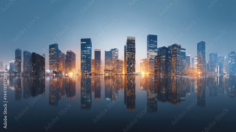 Fototapeta premium Cityscape with Skyscrapers Reflected in Water at Dusk