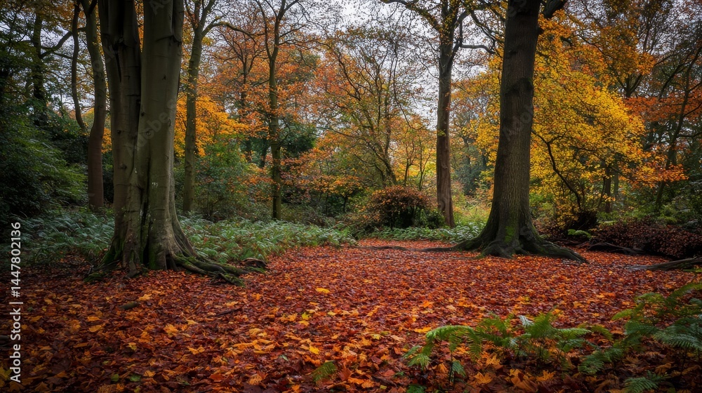 Fototapeta premium Explore the enchanting beauty of an autumn forest. Vibrant leaves blanket the ground beneath tall trees. Experience the serenity of nature. Generative AI.