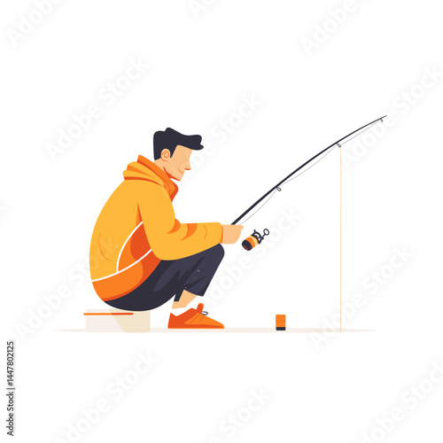 A man in an orange hoodie is sitting and fishing.