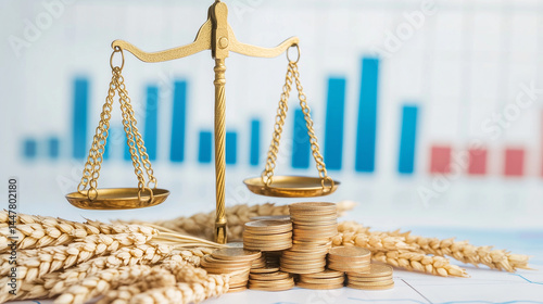 Golden scale balancing coins and wheat on white surface, symbolizing economic stability versus inflation, financial crisis and money value concept.