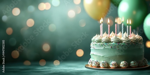Celebratory cake with candles and balloons for a festive birthday celebration in a decorated space