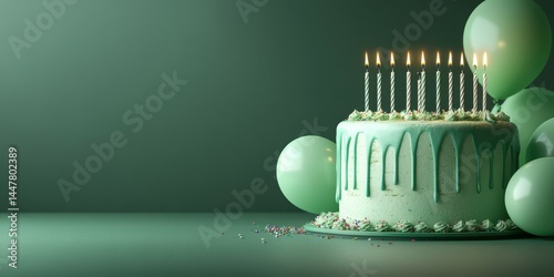 Birthday celebration with a green cake, balloons, and candles lit in a softly lit atmosphere