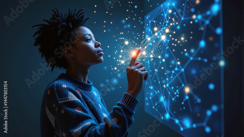 Focused Young Woman Using Futuristic Holographic Interface With Glowing Blue Digital Network