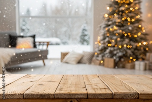 Empty woooden table top with abstract warm living room decor with christmas tree string light blur background with snow,Holiday backdrop,Mock up banner for display of advertise product. 