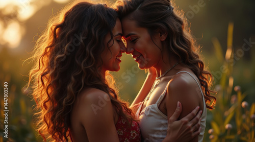 Romantic Sunset Portrait Of Two Women Embracing In Warm Golden Light With Soft Outdoor Background