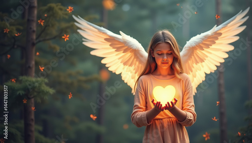 Ethereal Fantasy Portrait Of Young Girl With White Angel Wings Holding A Glowing Heart In Mystical Forest