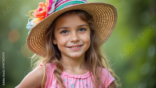 Cheerful Young Girl In Large Straw Hat With Colorful Floral Decorations In Sunlit Outdoor Setting