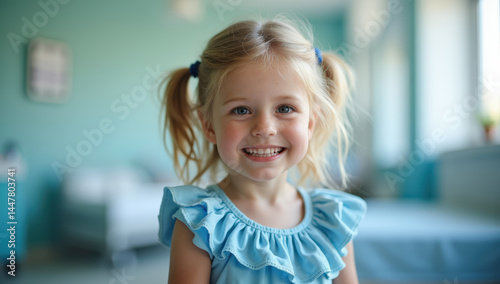 Cheerful Young Girl With Blonde Pigtails Wearing Light Blue Ruffled Dress In Bright Indoor Setting