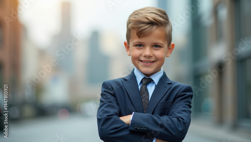 Confident Young Boy In Dark Blue Business Suit And Tie Smiling With Arms Crossed Against Urban Cityscape