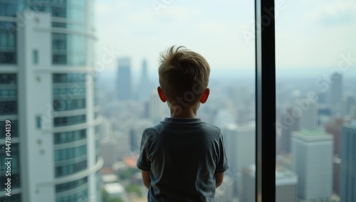 Silhouetted Young Child Gazing Out Large Window Overlooking High-Rise Urban Cityscape