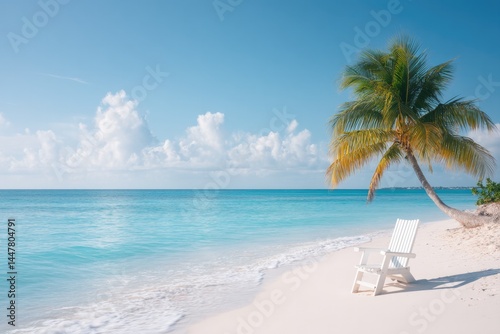 minimalistic scene captures solitary beach chair under single palm tree on pristine white sand