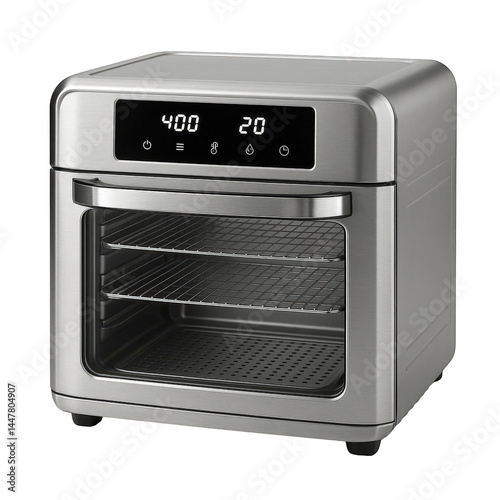 Sleek stainless steel air fryer oven with a digital display and multiple racks for convenient healthy meal prep.