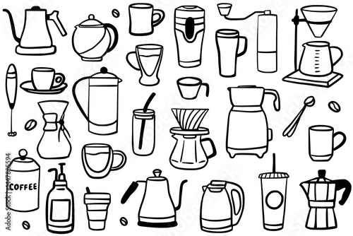 Hand-drawn coffee makers, cups, and brewing tools. Black and white illustration of various hand-drawn coffee-related items, including mugs, makers, grinders, kettles, and accessories.