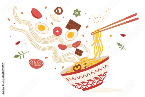 Vibrant vector illustration of ramen ingredients like noodles, broth, egg, and chashu pork flying dynamically against a colorful background.