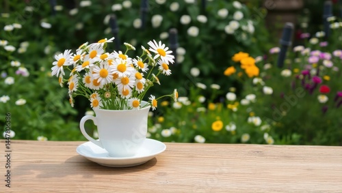 Chamomile Flowers In Teacup On Wooden Table