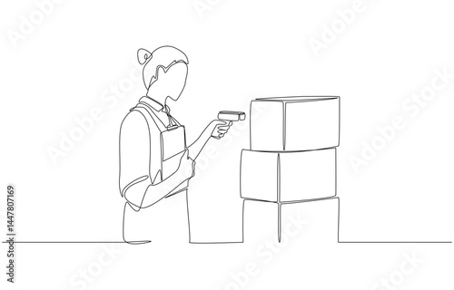 Continuous one line drawing of female warehouse employee scanning barcode on parcel box, inventory management concept, single line art