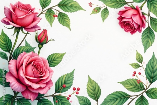 Intricate watercolor rose blooms, lush green leaves , design, roses, surface