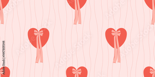 Seamless retro-style pattern with red hearts and delicate bows on soft pink background. Coquette aesthetic for textiles, gift wrap, Valentine's designs, and romantic themes.