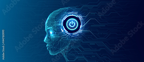 Digital human head with circuit on power button element into a head. Abstract AI robot with HUD bright neon light element as Power On button. Technology futuristic background. Vector illustration.