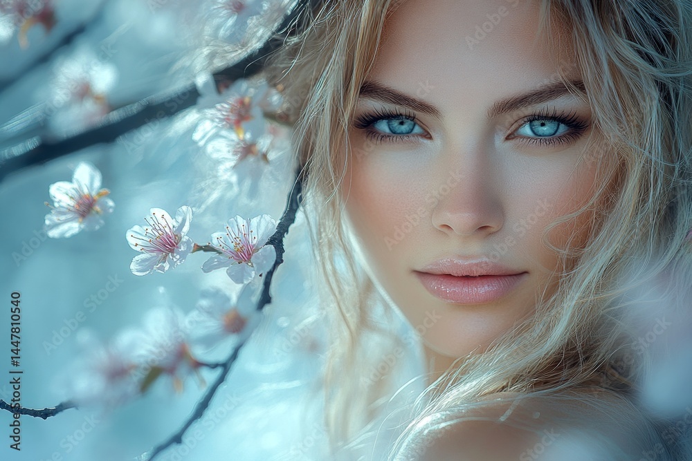 Attractive caucasian young woman surrounded by cherry blossoms. Commercial marketing visual idea. Spring mood, early sunshine and fog. Vibrant woman with colorful flowers in spring.