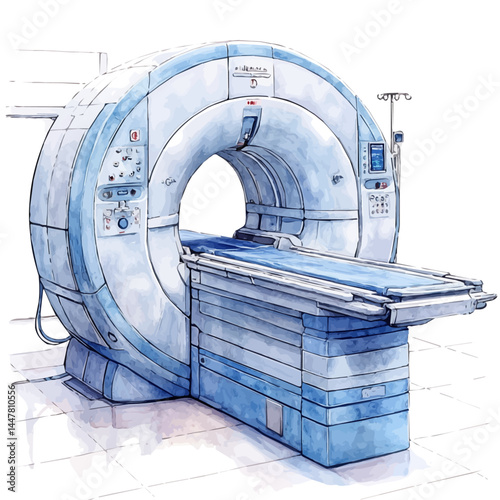 High-tech MRI Machine In A Hospital Room, vector watercolor illustration, isolated on a white background.