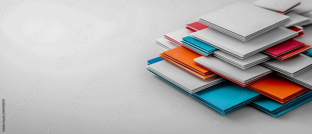 Fototapeta premium Abstract geometric composition with stacked white, blue, orange and red squares on a grey background