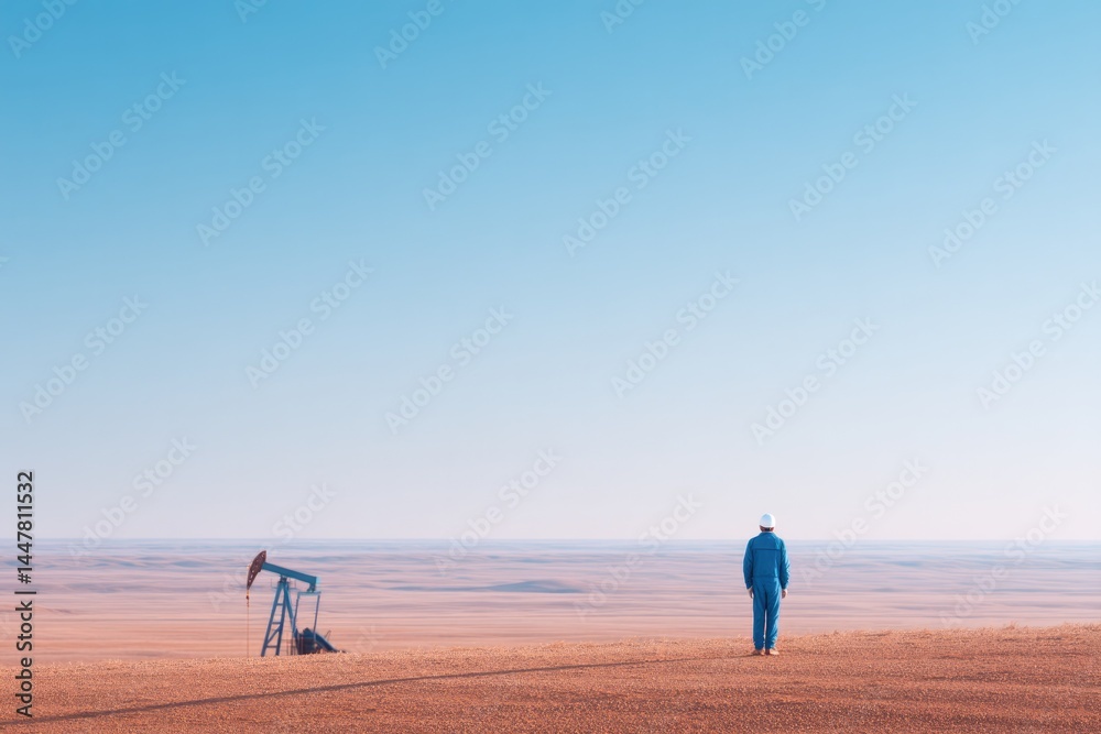 Obraz premium aerial view of single oil pumpjack in vast barren landscape under cloudless sky casting long shadow minimalistic composition
