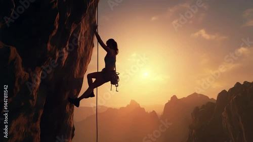 A determined rock climber ascends a steep cliff face at sunset, silhouetted against a glowing sky 