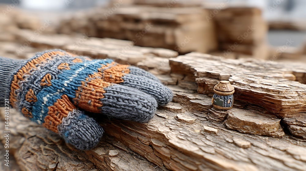 Obraz premium Warm Knitted Gloves Resting on Rustic Weathered Wood Miniature Lantern Present