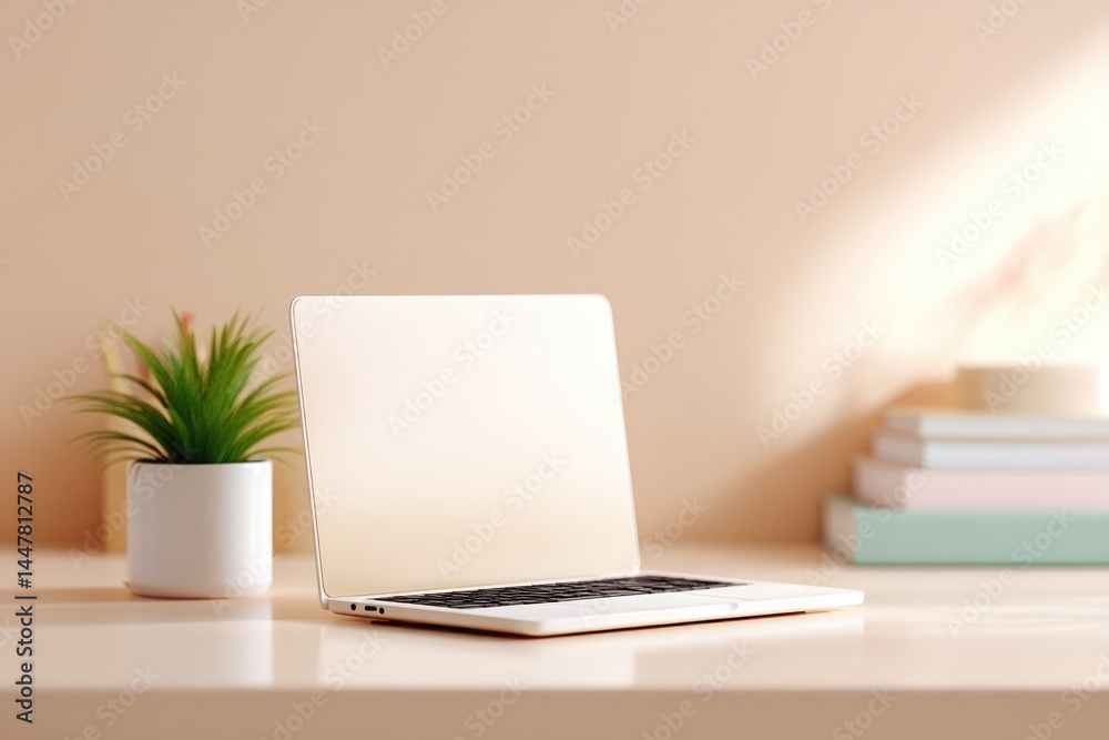 Fototapeta premium captivating minimalistic scene showcasing peaceful home study environment with laptop on tidy desk