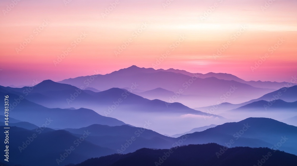 A breathtaking view of layered mountains at sunset. Soft colors blend beautifully in the sky. This serene landscape evokes tranquility and awe. Generative AI A breathtaking view of layered mountains at sunset. Soft colors blend beautifully in the sky. This serene landscape evokes tranquility and awe. Generative AI