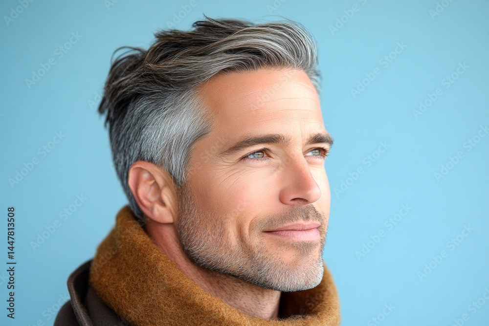 Obraz premium Chic men's slick back with fade haircut - midlife white man with grey hair. Blue solid background. Concept art of style for aging men. A man with a stylish hairdo looking confident.