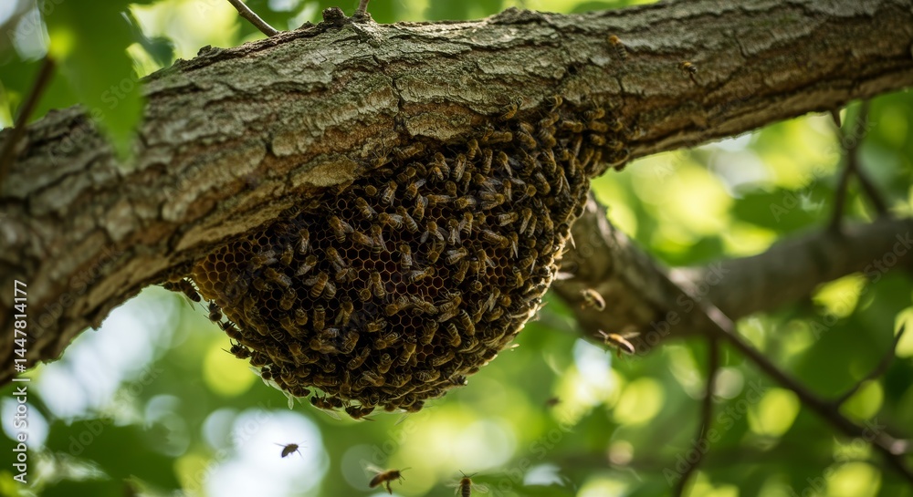 Honeybee Hive in Tree Branch - A large cluster of honeybees covers a honeycomb attached to a tree branch, surrounded by lush green foliage Honeybee Hive in Tree Branch - A large cluster of honeybees covers a honeycomb attached to a tree branch, surrounded by lush green foliage