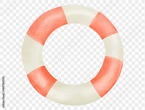  Red and white lifebuoy illustration symbolizing beach safety, ocean rescue, and seaside vacations with cheerful watercolor style.vector