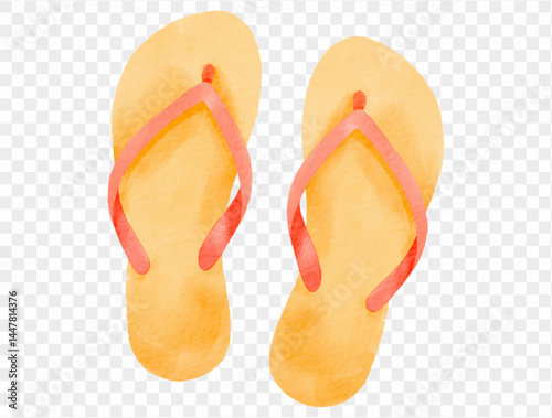 Yellow and orange flip-flops illustration representing summer fashion, beach holidays, and seaside adventures in playful watercolor style.vector