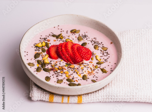 Healthy Breakfast Bowl with Strawberries, Chia Seeds, and Pumpkin Seeds