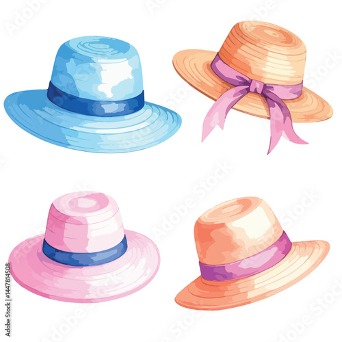 set of beautiful summer hats, vector objects, aesthetic bright hats for design and creativity
