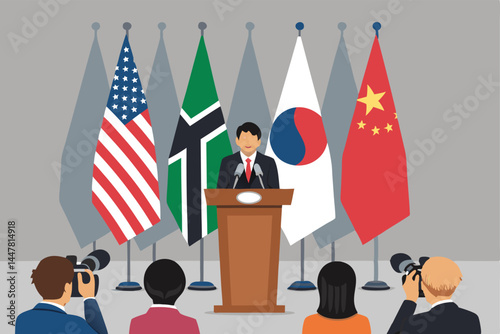 Create a vector illustration depicting a diverse group of journalists at an international press conference, featuring microphones, cameras, and a global map backdrop.